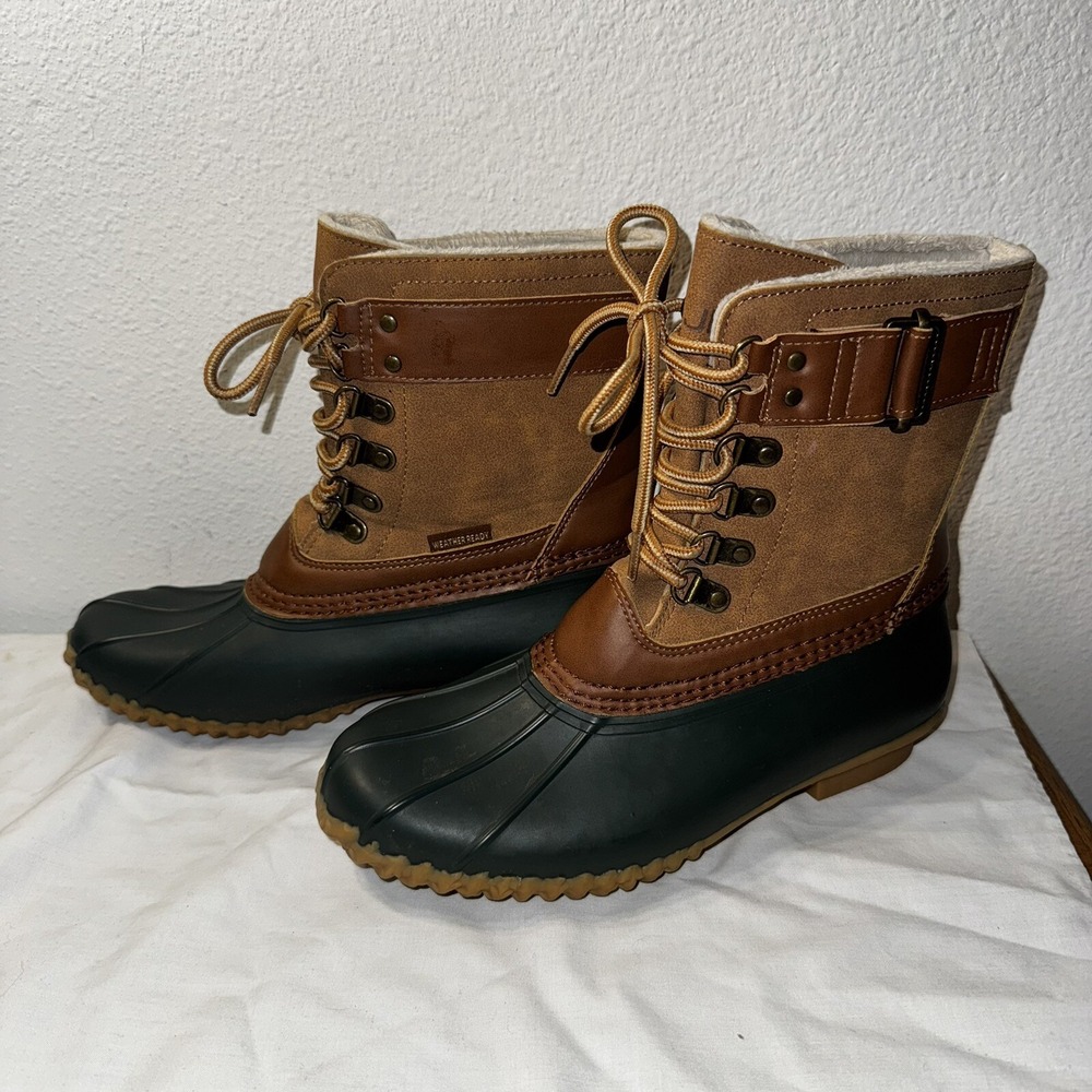 JBU by Jambu Womens Calgary Weather Ready Rain Duck Boot Size 7M Green/Tan Vegan